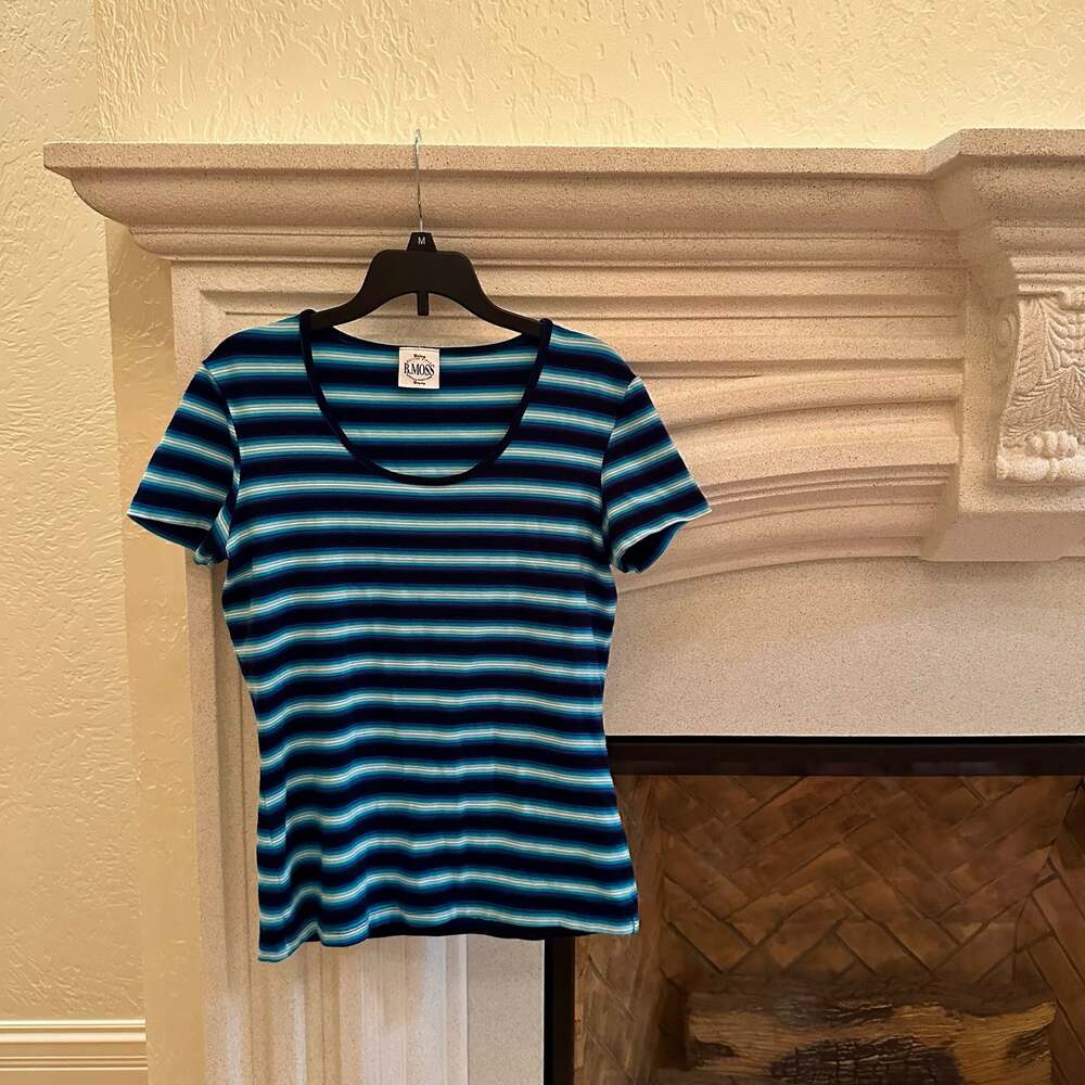 B. Moss Women's Blue Striped Short Sleeve Scoop Neck T-Shirt Size M